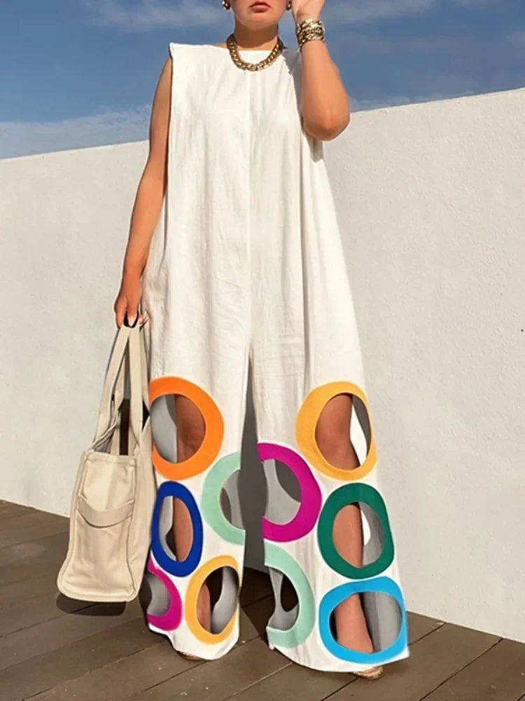 UOOZEE Women's Summer Colorful Circle Cutouts Hollow Out Jumpsuits Sleeveless Oversized Urban Casual Elegant Jump Suits 2025 New