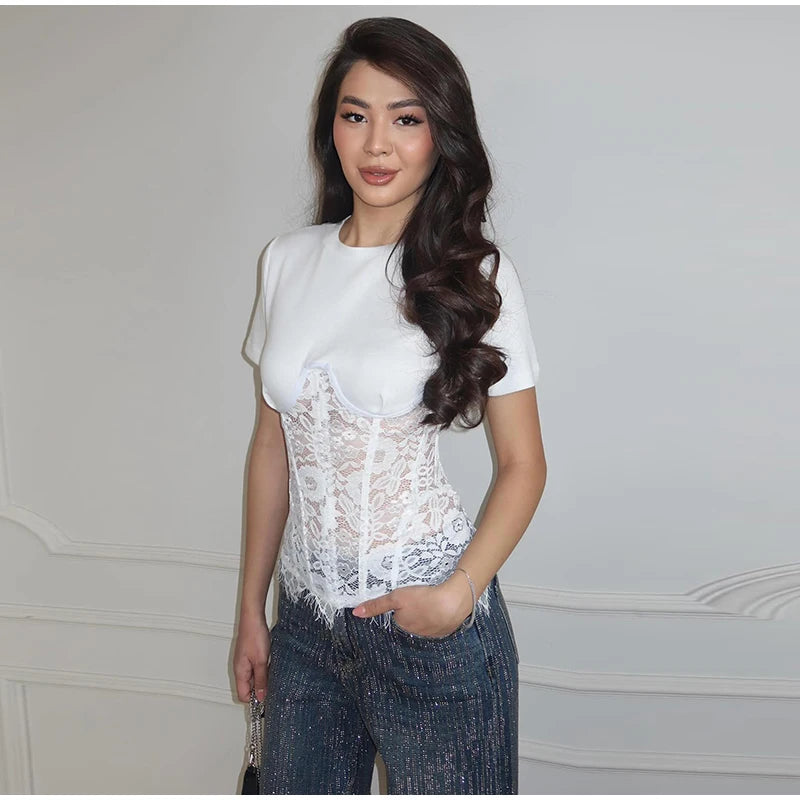 Fashion Floral Lace Fish-bone Patchwork Shirts For Women 2026 Spring New Chic Short Sleeve O-neck Blouse Lady Street Y2K Tops