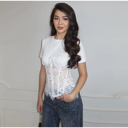 Fashion Floral Lace Fish-bone Patchwork Shirts For Women 2026 Spring New Chic Short Sleeve O-neck Blouse Lady Street Y2K Tops