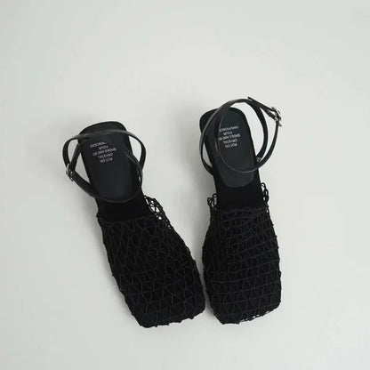 Luxury women's lace Mesh Fashion Sandals- Square Toe Shallow Narrow Strap Braided Slip-on High Heels Sandals