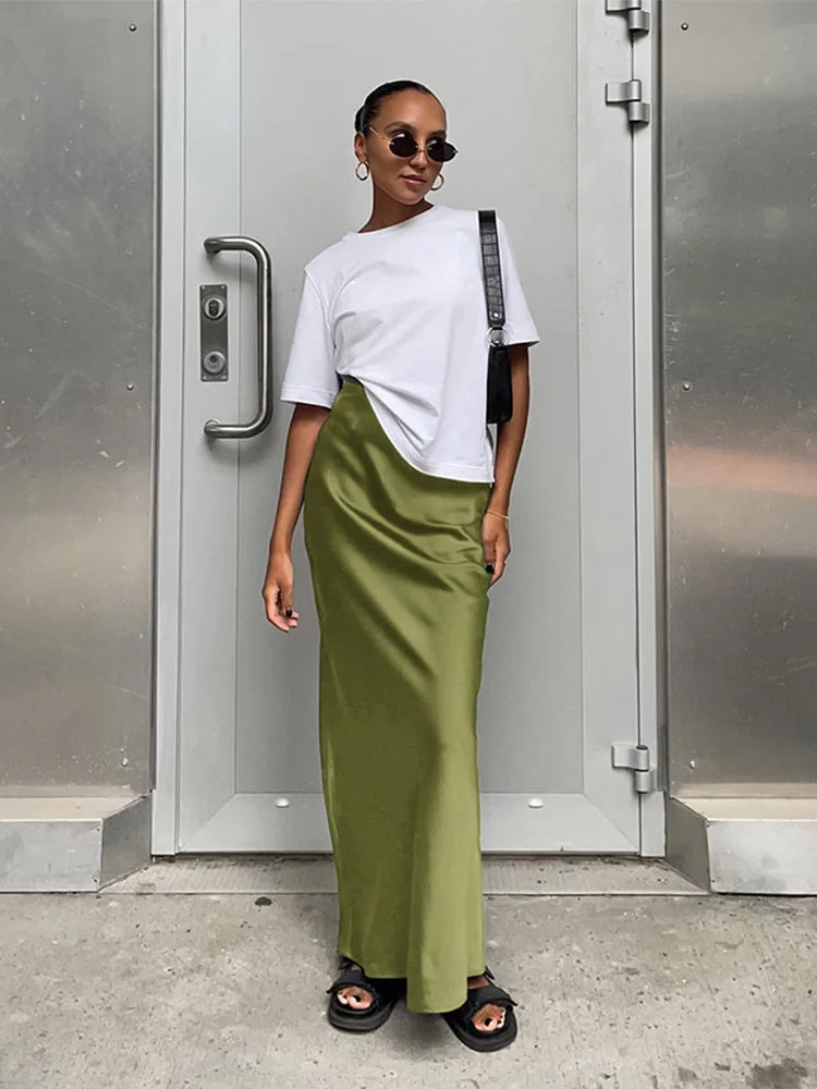 Elegant Long  Slim High Waist Satin Black Trumpet Skirts