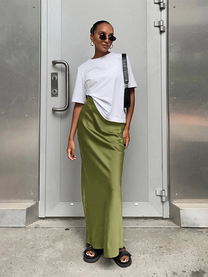 Elegant Long  Slim High Waist Satin Black Trumpet Skirts
