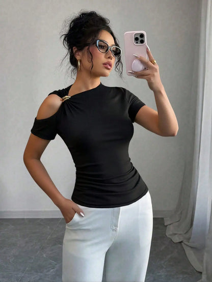 Asymmetrical Cold-Shoulder Fitted Top