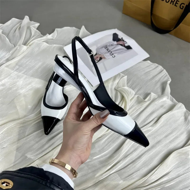 Black White Low Heeled Sandals Women Sexy Pointed Toe Slingbacks Chunky low Heels for Women Elegant Heels
