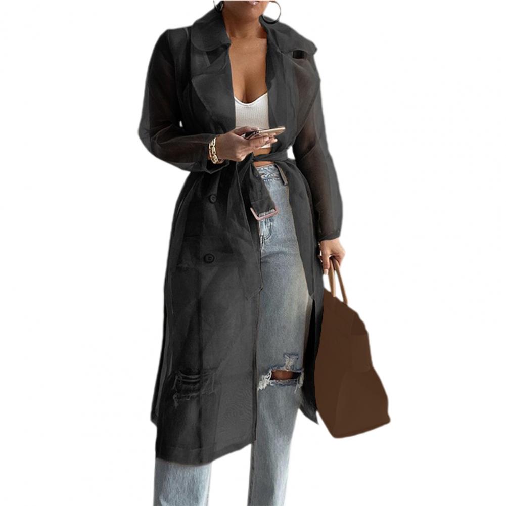 2023 Women Mesh Trench Coat Fashion See Through Jacket Summer Lace-up Sunscreen Shirt Net Yarn Long Shirt Thin Coat With Belt