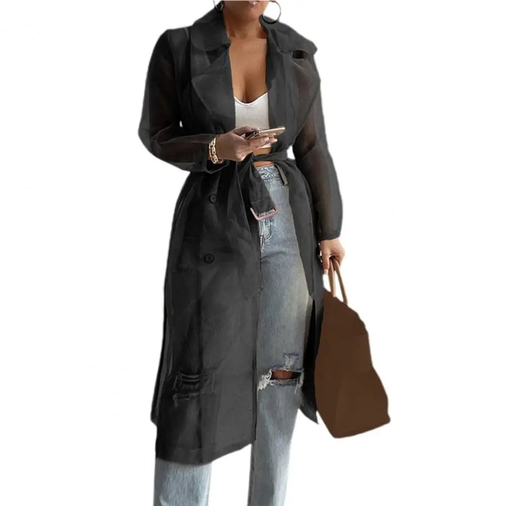 2023 Women Mesh Trench Coat Fashion See Through Jacket Summer Lace-up Sunscreen Shirt Net Yarn Long Shirt Thin Coat With Belt