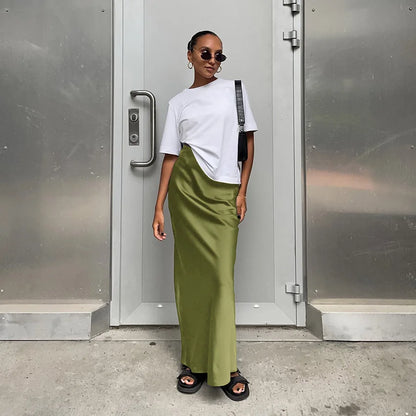Elegant Satin Black Trumpet Skirts Fashion Slim High Waist Skirts Women Female 2024 Solid Office Long Skirt Spring Summer