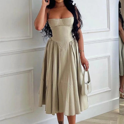 Sweetheart Spaghetti Strap  Fit and Flare Elegant Midi Dress