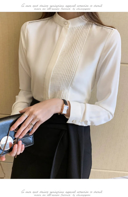 Long Sleeve Chiffon Blouse Shirt Women V-Neck-  Office Lady Blouse