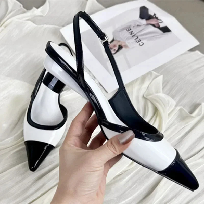 Black White Low Heeled Sandals Women Sexy Pointed Toe Slingbacks Chunky low Heels for Women Elegant Heels