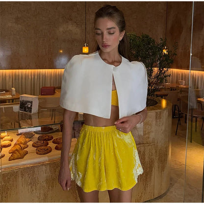 Shawl Crop Tops  Solid Shoulder Pads Stand Collar