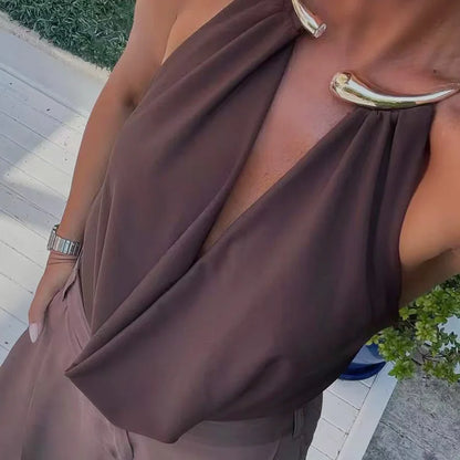 Sexy Jewel Halter Draped Backless Bodysuit