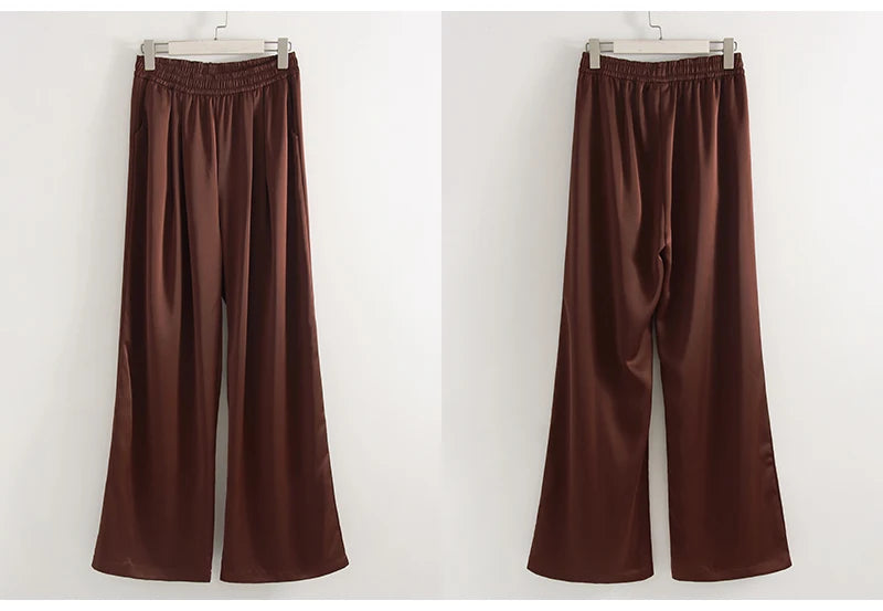 Luxury Wide Leg Baggy Satin High Waist Pants For Women Trousers With Pockets