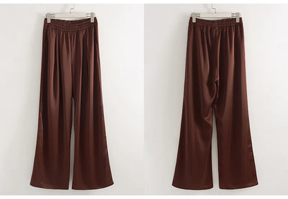 Luxury Wide Leg Baggy Satin High Waist Pants For Women Trousers With Pockets