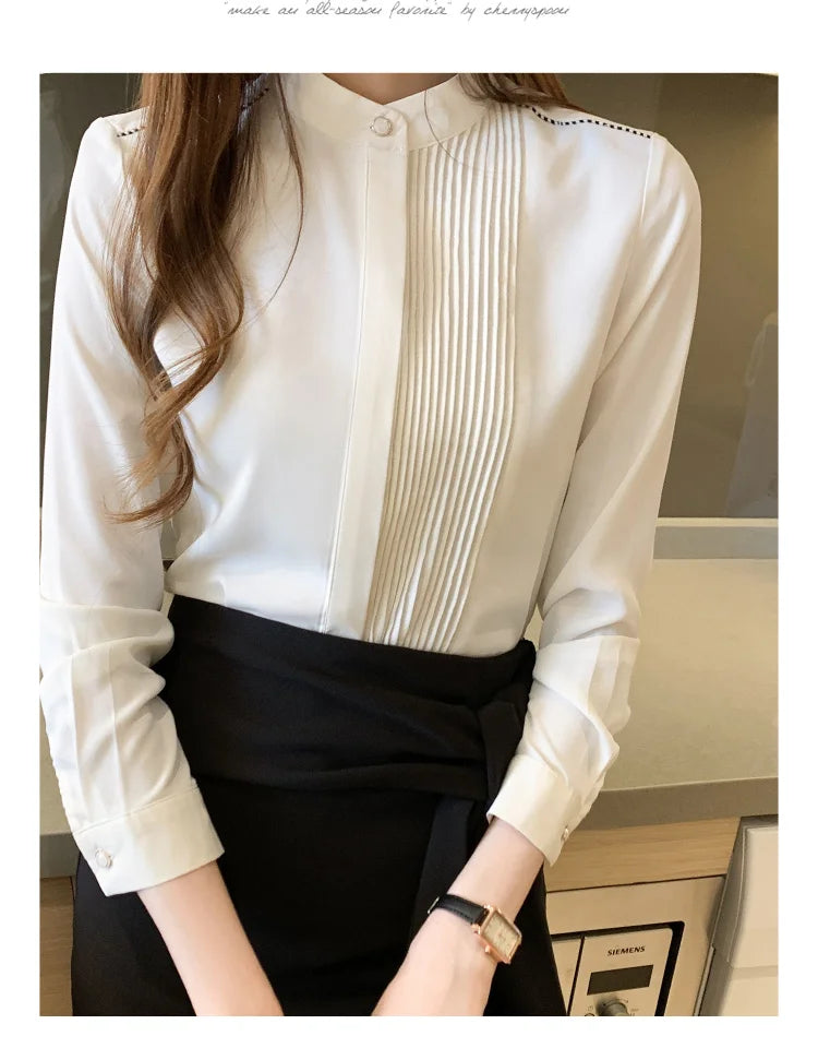 Long Sleeve Chiffon Blouse Shirt Women V-Neck-  Office Lady Blouse