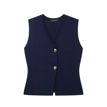 2 Piece Set Chic V-Neck Sleeveless Button Knitted Vest Top + Splicing High Waist Ankle-Length Skirt