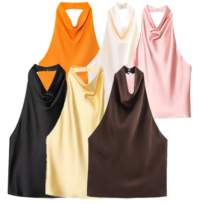 Satin Halter Sleeveless Open back Summer Top Off Shoulder