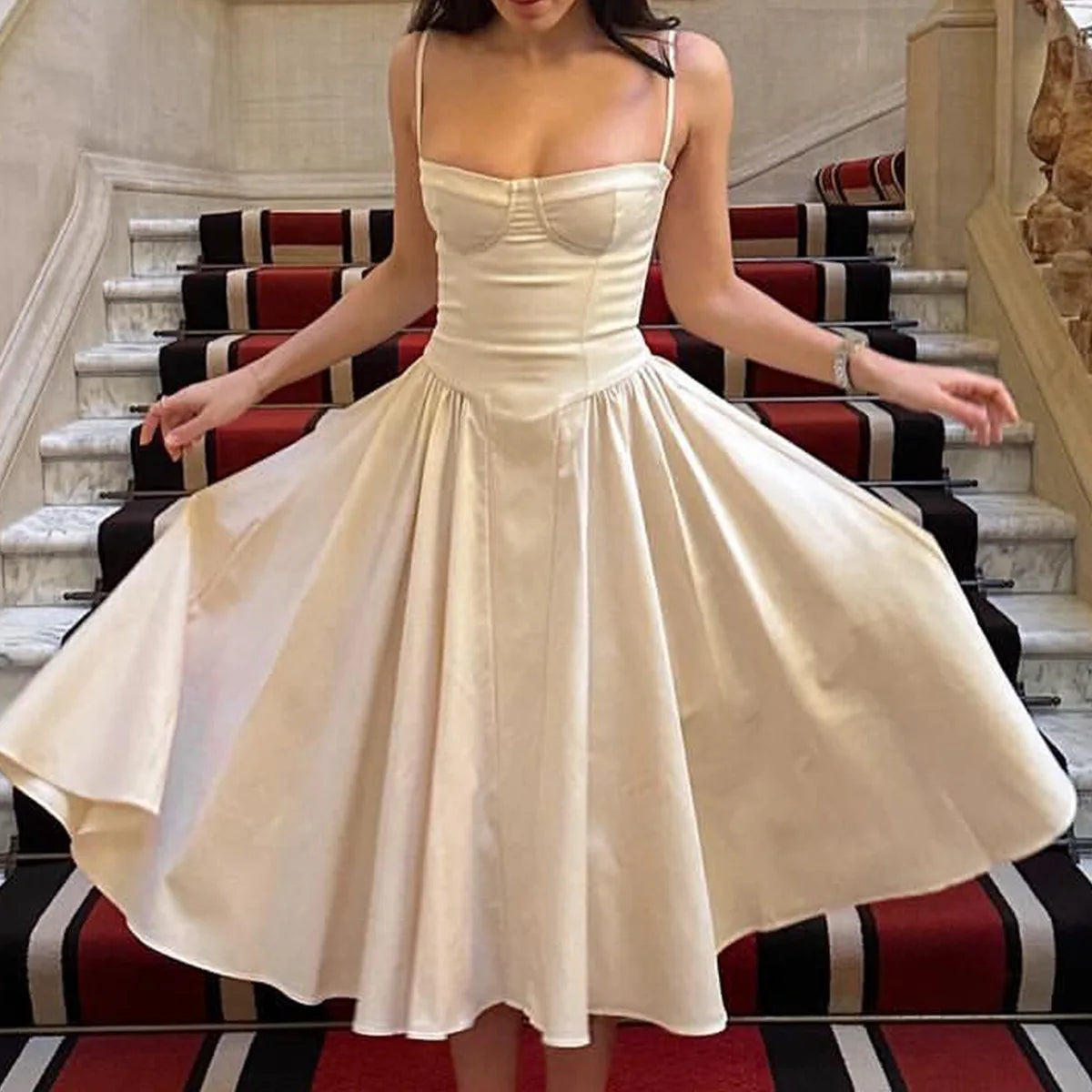 Sweetheart Spaghetti Strap  Fit and Flare Elegant Midi Dress