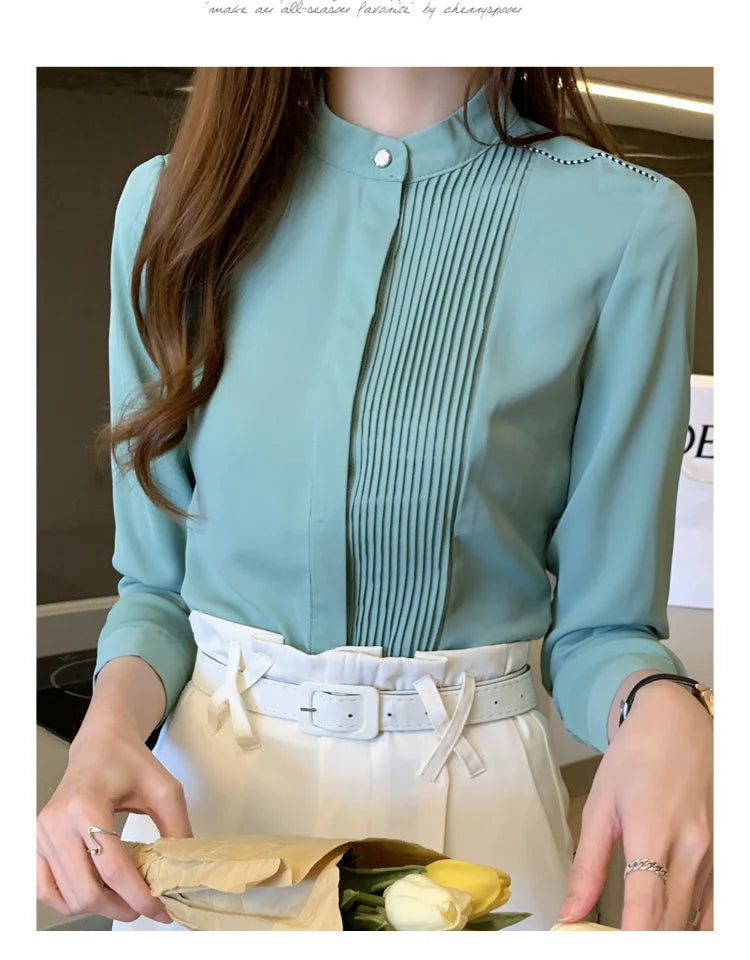 Long Sleeve Chiffon Blouse Shirt Women V-Neck-  Office Lady Blouse