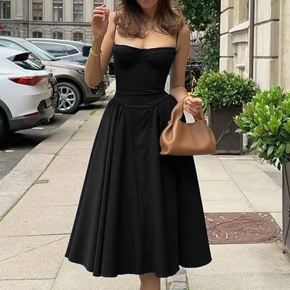Sweetheart Spaghetti Strap  Fit and Flare Elegant Midi Dress