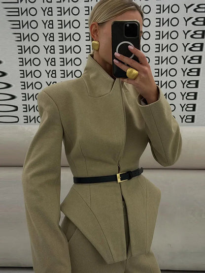 Women Pants Set Curved Hem Coat 2-Piece Sets Beige Stand Collar Jacket Hook Closure Top Wide Leg Trousers Casual Spring Outfit