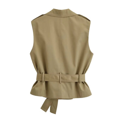 Women Elegant Commute Sleeveless Vest Jackets With Belt Spring Summer New Female High Street Chic Trench Vest Lady Casual Vests