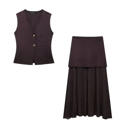 2 Piece Set Chic V-Neck Sleeveless Button Knitted Vest Top + Splicing High Waist Ankle-Length Skirt
