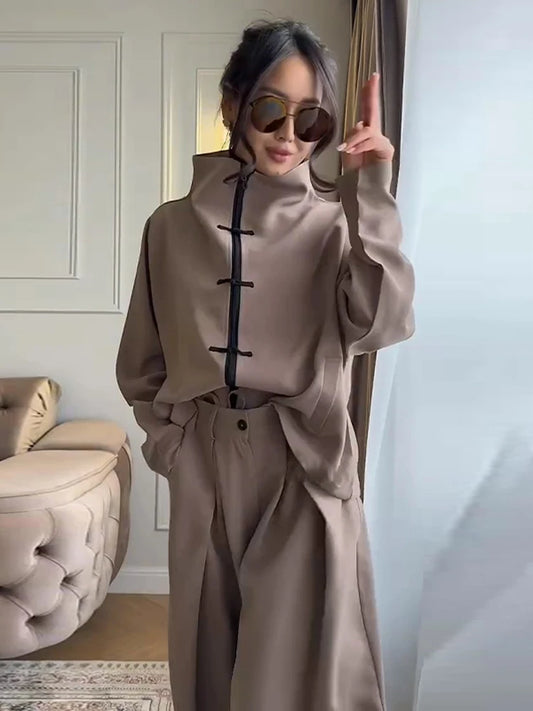 Casual Women's Pants Set Stand Collar Full Sleeve Zipper Coat Loose Trousers Female Sets 2026 Spring Fashion Vintage Lady Suit