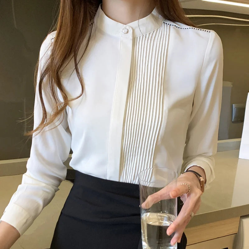 Long Sleeve Chiffon Blouse Shirt Women V-Neck-  Office Lady Blouse