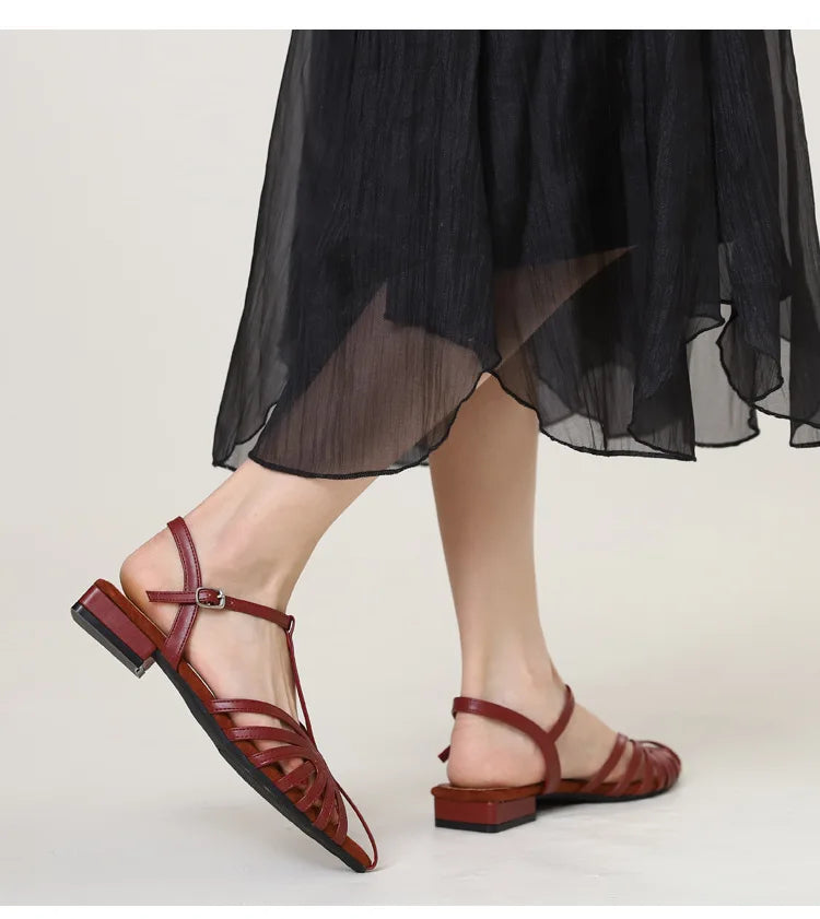Sandals Summer Low Heel Ankle Strap Buckle Sandals Pointed Toe Hollowed Out T-strap Sandal