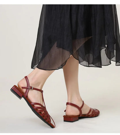 Sandals Summer Low Heel Ankle Strap Buckle Sandals Pointed Toe Hollowed Out T-strap Sandal