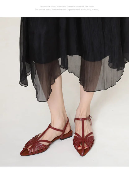Sandals Summer Low Heel Ankle Strap Buckle Sandals Pointed Toe Hollowed Out T-strap Sandal