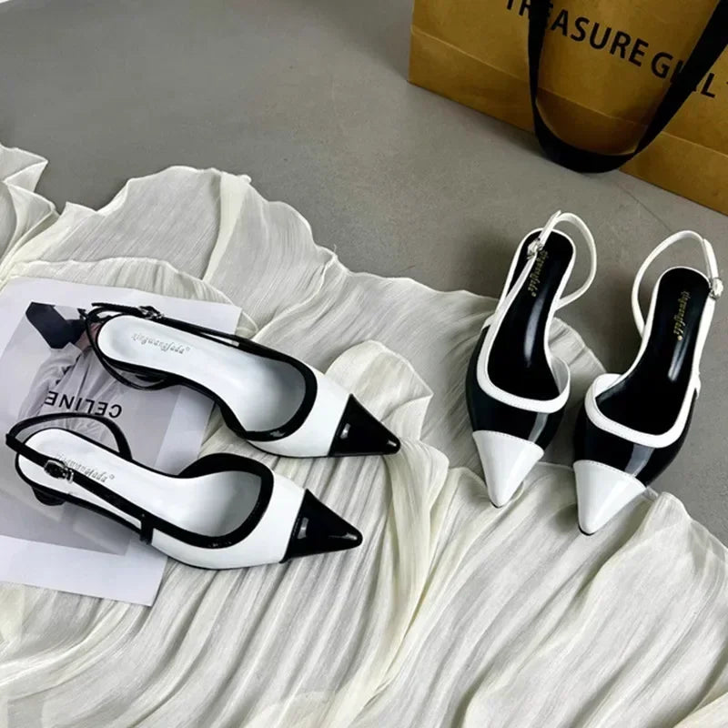Black White Low Heeled Sandals Women Sexy Pointed Toe Slingbacks Chunky low Heels for Women Elegant Heels