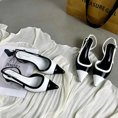 Black White Low Heeled Sandals Women Sexy Pointed Toe Slingbacks Chunky low Heels for Women Elegant Heels