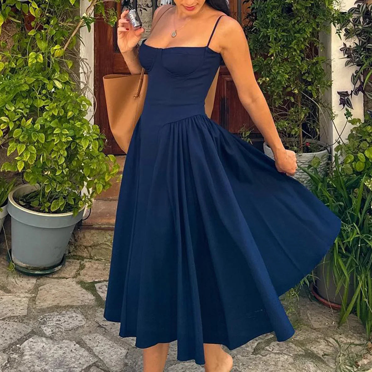 Sweetheart Spaghetti Strap  Fit and Flare Elegant Midi Dress