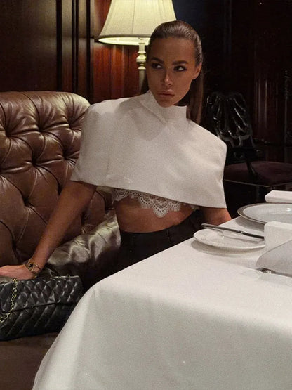 Shawl Crop Tops  Solid Shoulder Pads Stand Collar