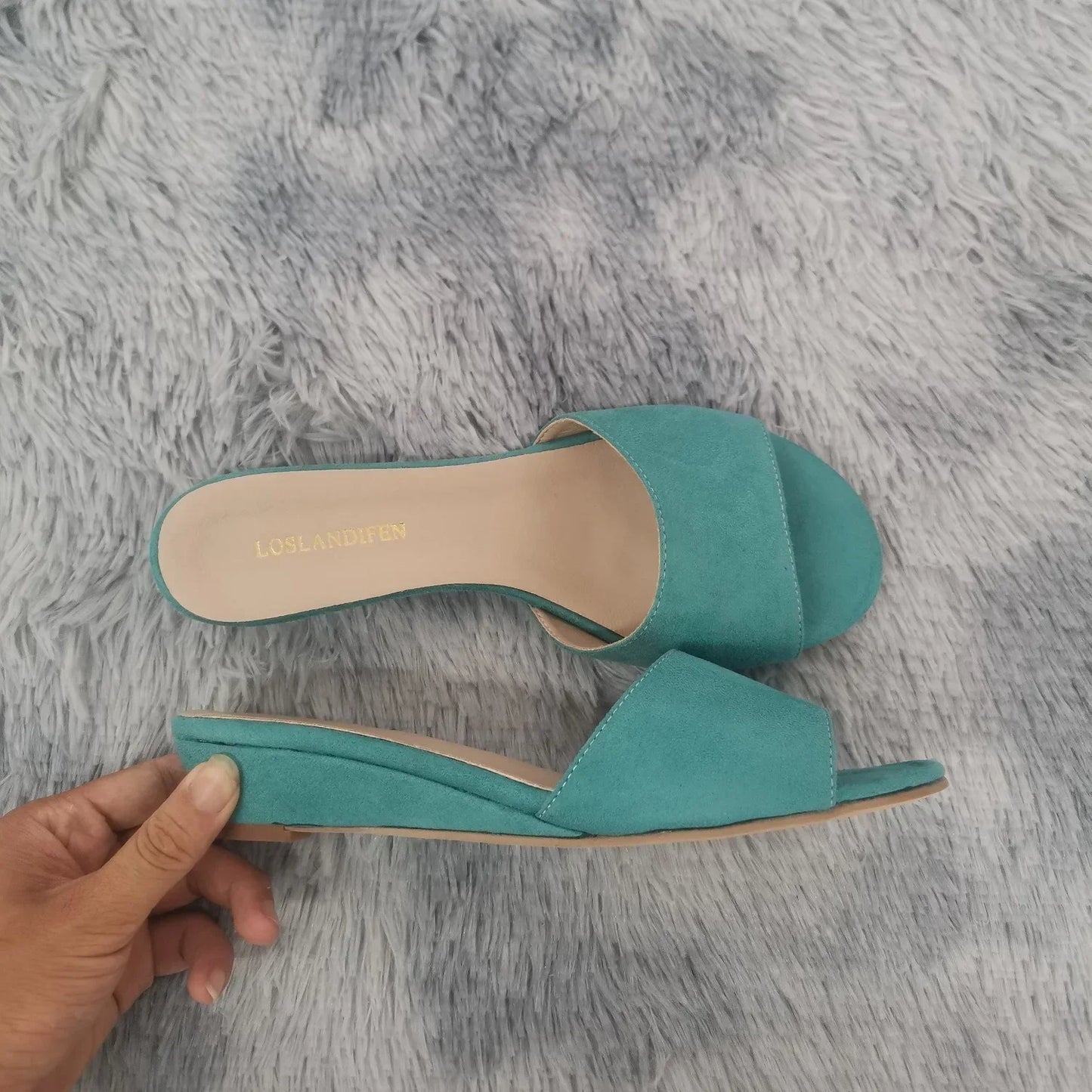 Elegant Summer Slippers 3cm Velvet Mules Wedge Sandals Slippers Open Toe High Heels Casual Dress Woman Shoes Plus Size