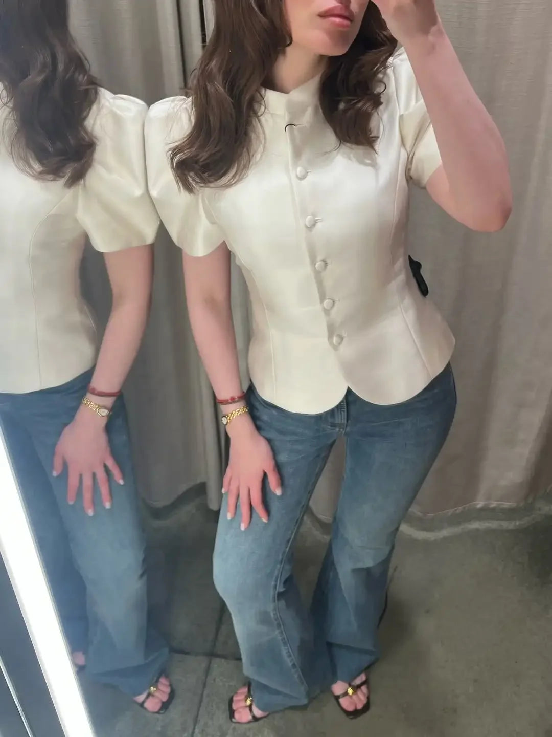 Solid Satin Round Neck Waist Cincher Shirt Slim Short Puffer Sleeved Single Breasted Tops 2026 Spring Women Elegant Blouses