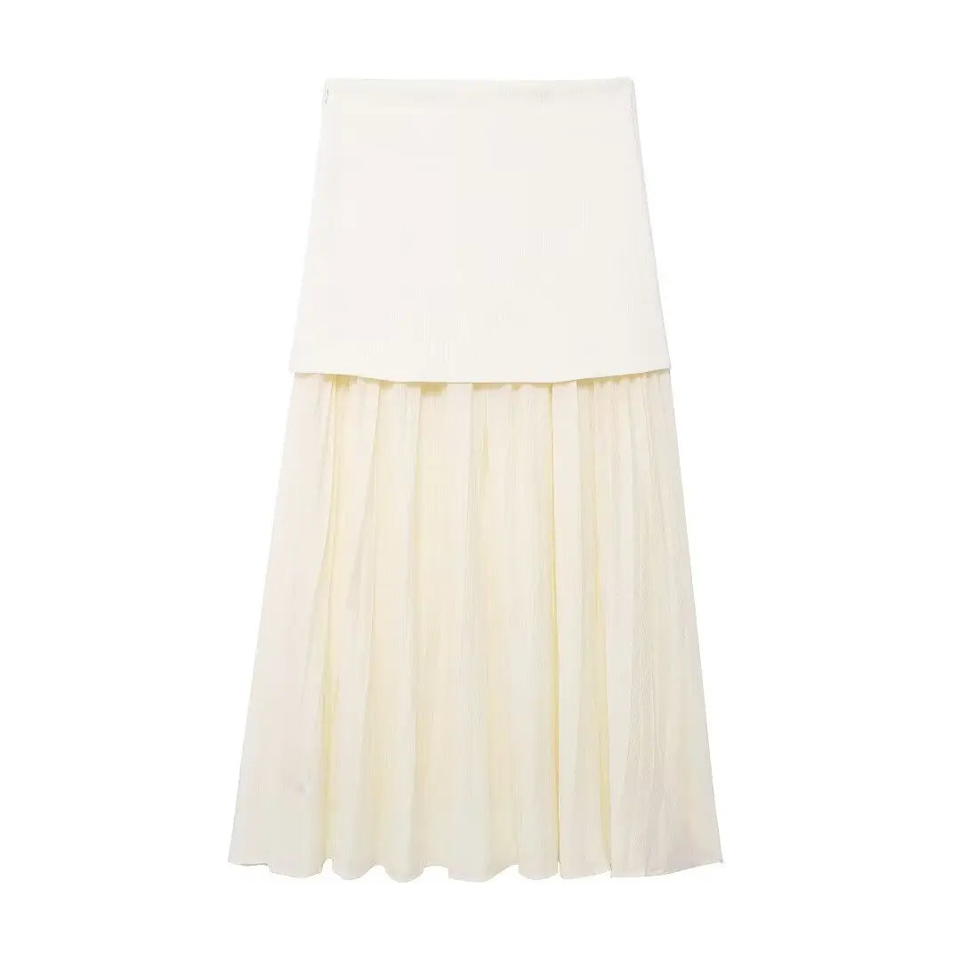 2 Piece Set Chic V-Neck Sleeveless Button Knitted Vest Top + Splicing High Waist Ankle-Length Skirt