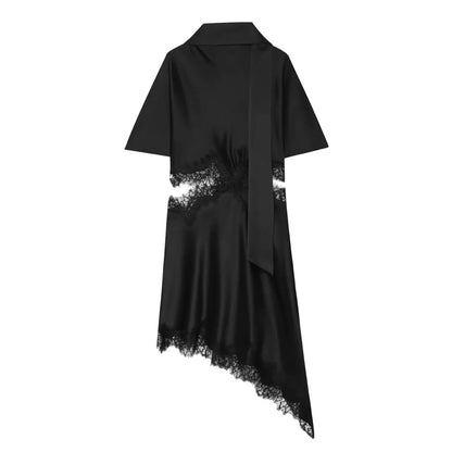 Asymmetrical Lace Trim Midi Dress with Side Slit & Matching Scarf