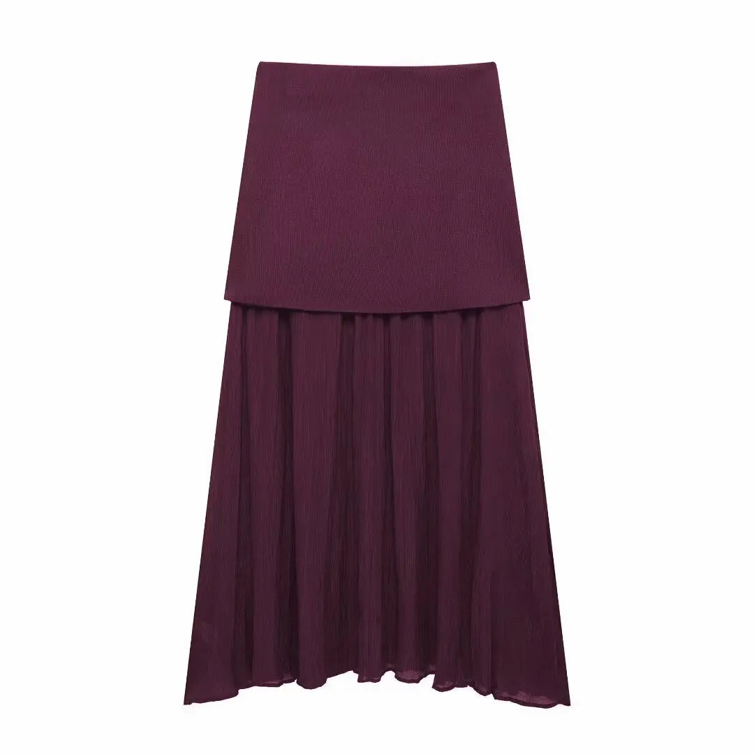 2 Piece Set Chic V-Neck Sleeveless Button Knitted Vest Top + Splicing High Waist Ankle-Length Skirt