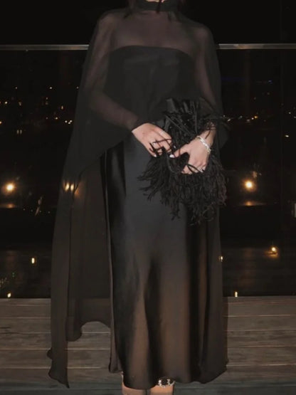 Women Chiffon Capelet Sheer Mesh Bridal Cape Shawl Wraps Asymmetrical High Low Flowy Wedding Party Cover Up Poncho