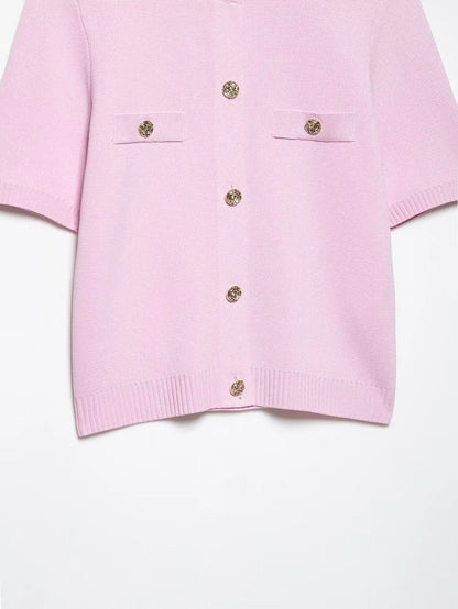 Knitted Skirt Suit Crew Neck Single-Breasted Short Sleeve Top+Fashion Elegant Elastic Waist Mini Skirt