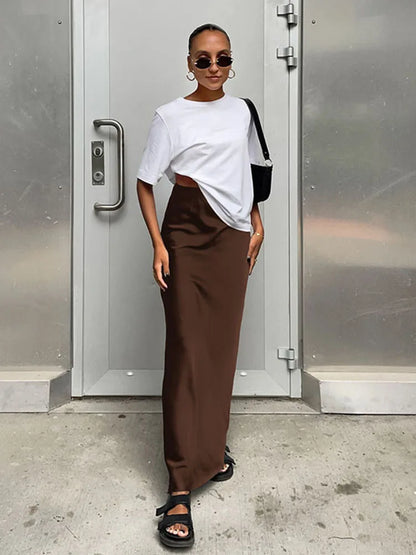 Elegant Long  Slim High Waist Satin Black Trumpet Skirts