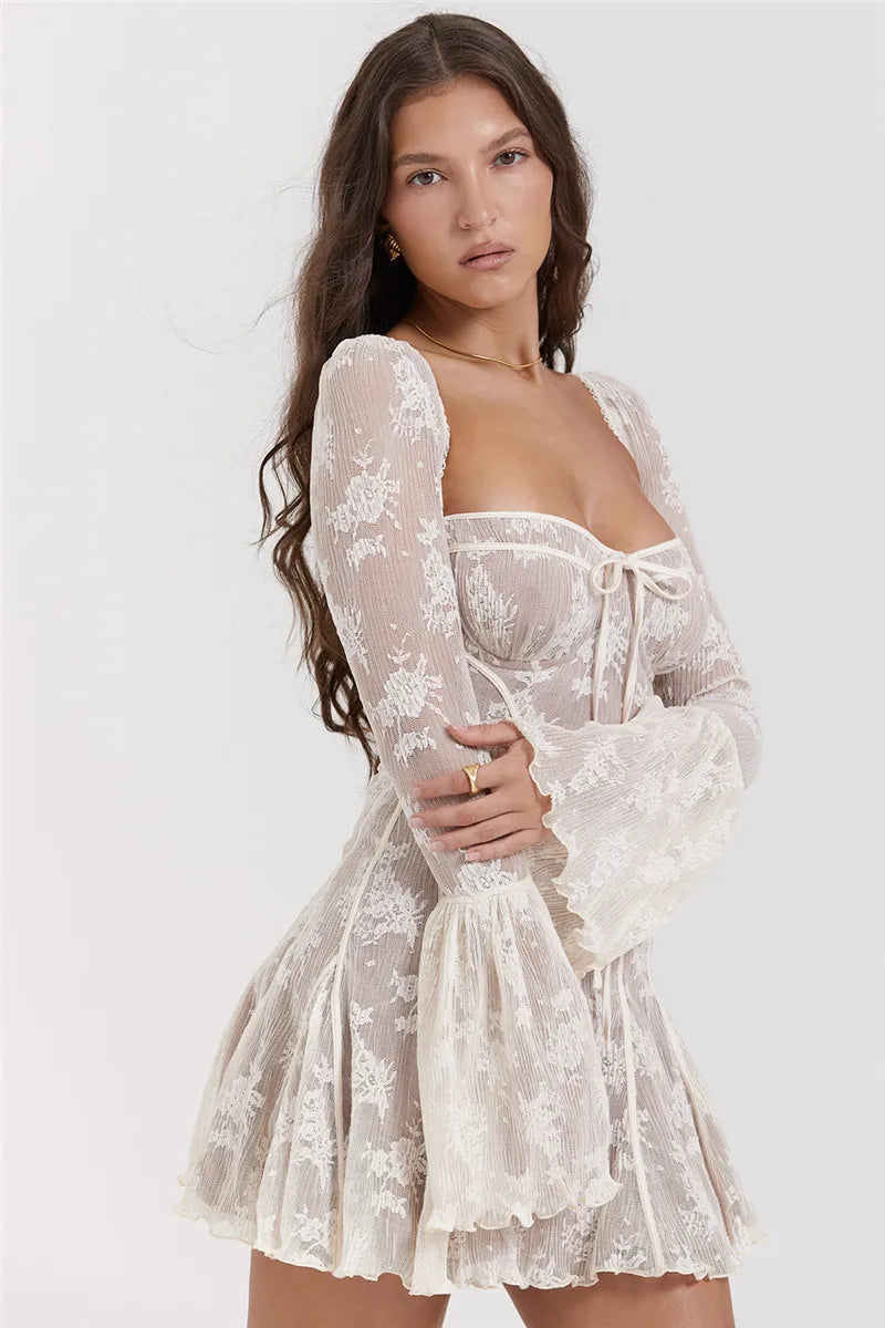 Elegant lace Mini Dress For Women Square Collar Long Sleeve Backless