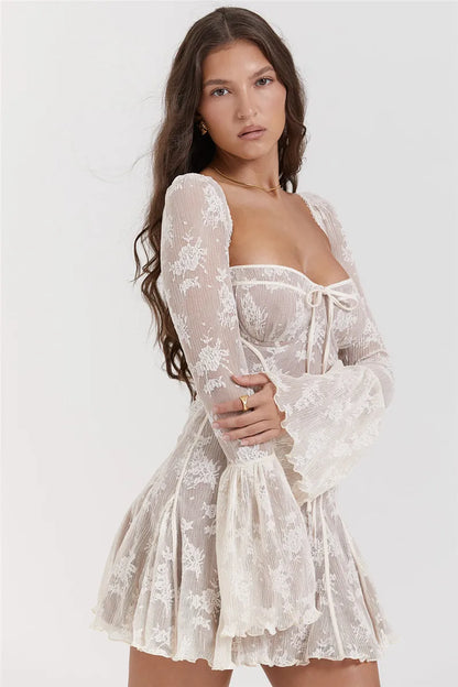 Elegant lace Mini Dress For Women Square Collar Long Sleeve Backless