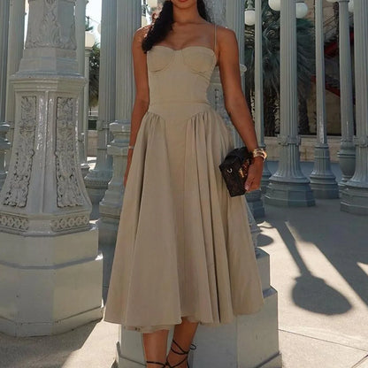 Sweetheart Spaghetti Strap  Fit and Flare Elegant Midi Dress