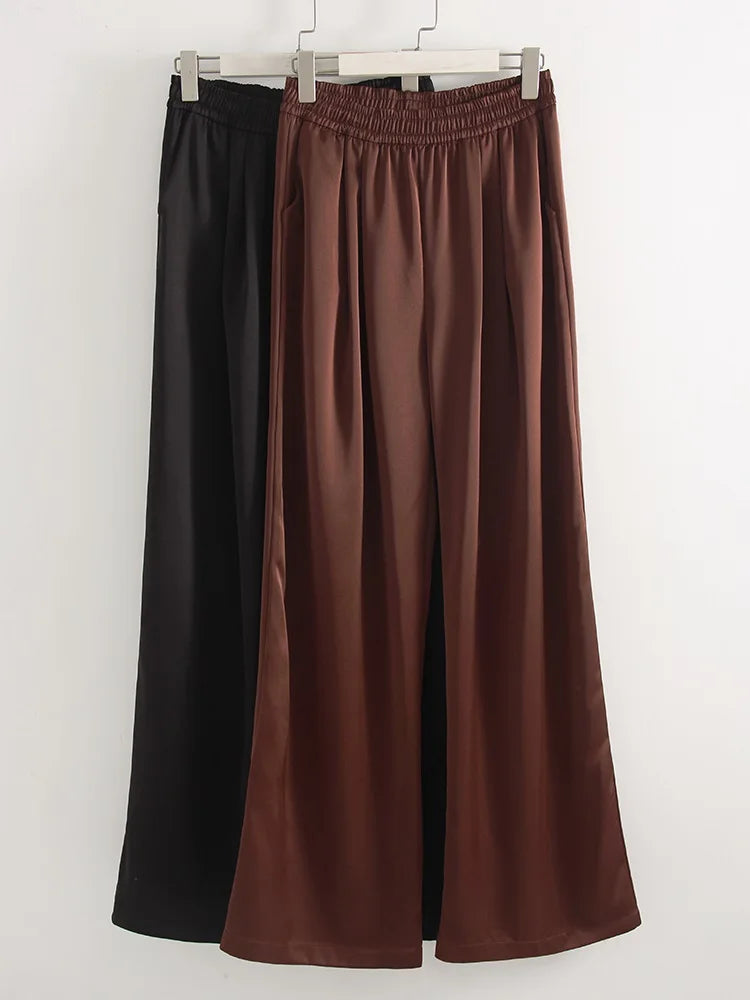 Luxury Wide Leg Baggy Satin High Waist Pants For Women Trousers With Pockets