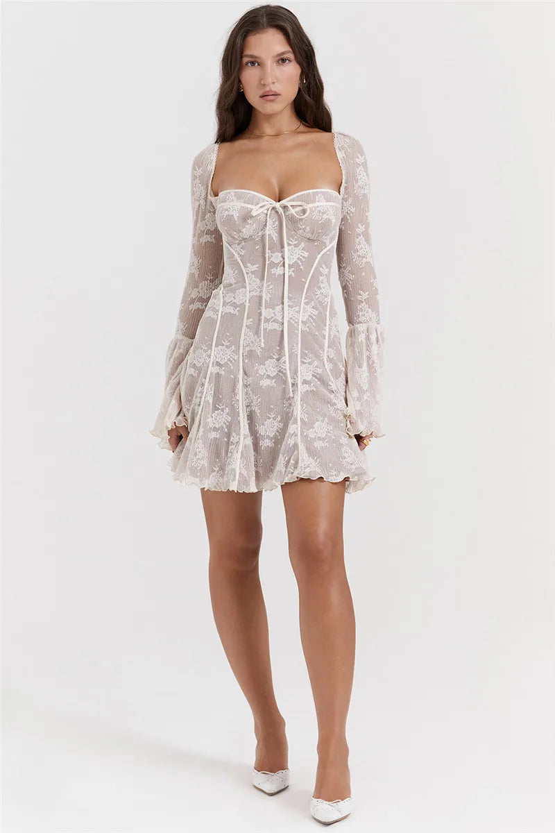 Elegant lace Mini Dress For Women Square Collar Long Sleeve Backless