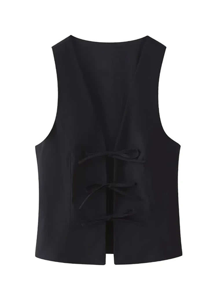 Women Fashion Lace Up Vest V Neck Sleeveless Top Y2k Vintage Solid 2025 Female Summer Sexy Party Tank Tops